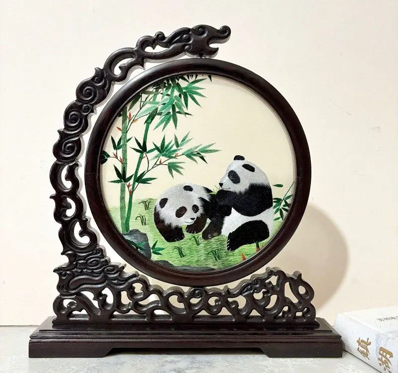 Hand-Embroidered Chinese Double-Sided Art Display Panda, Floral & Auspicious Motifs on Silk