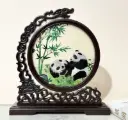 Hand-Embroidered Chinese Double-Sided Art Display Panda, Floral & Auspicious Motifs on Silk